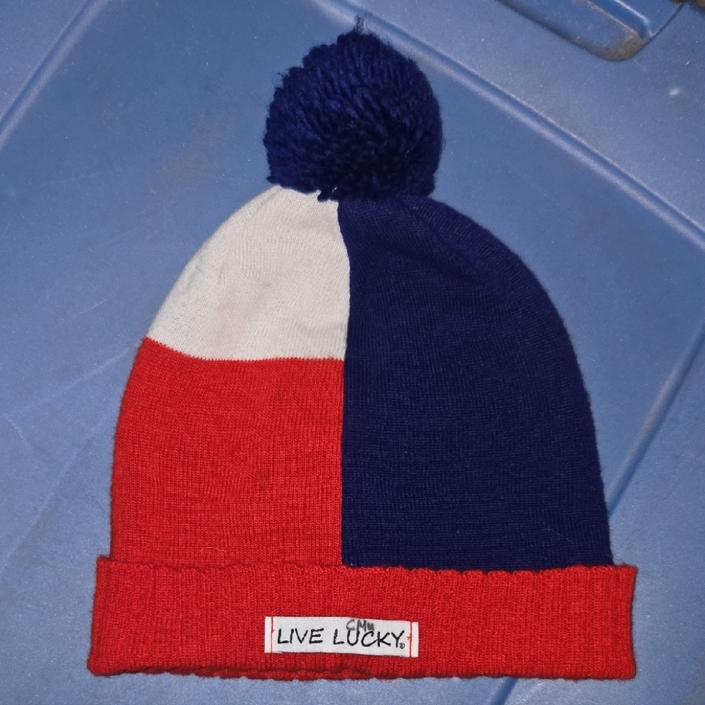 Live Lucky Red and Blue Colorblock Beanie With 4 Leaf Clover